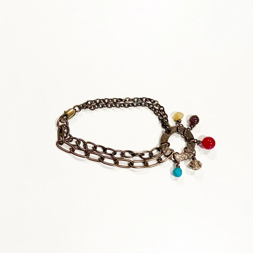 Bronze Bracelet - Hammered O With Beads for Smaller Wrists